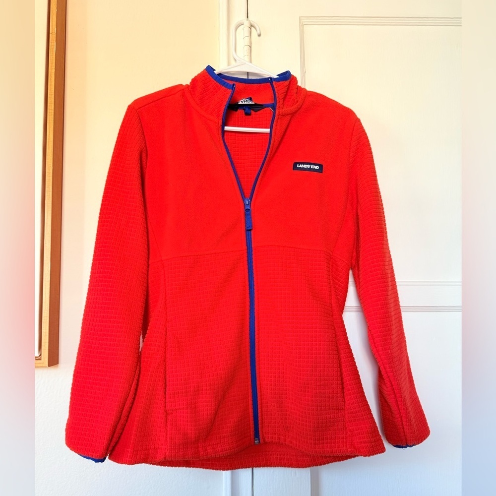 Lands’ End Women’s Fleece Jacket Small Orange & Blue Full-Zip Cozy Layer